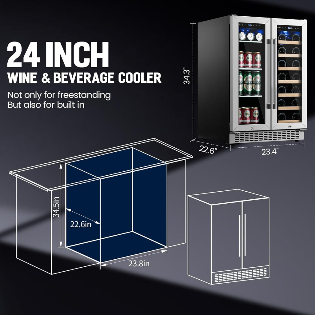 24 inch Dual Zone Beverage Refrigerator, 30 Bottles & 82 Cans Wine Fridge Built-in or Freestanding with Glass Door, Wine and Beverage Refrigerator Cooler for Kitchen Home Bar wourant