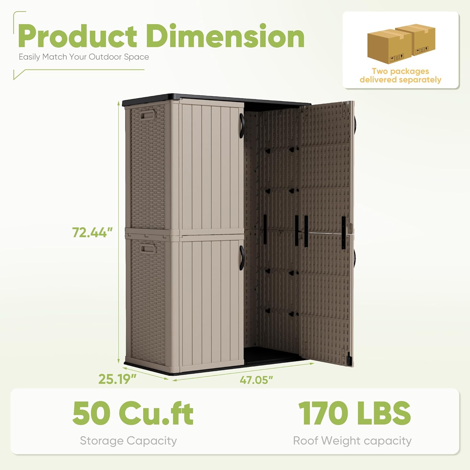 Devoko Outdoor Storage Cabinet 26 Cu Ft with Lockable Doors, Horizontal Storage Shed Waterproof Patio Tools Storage Box wourant