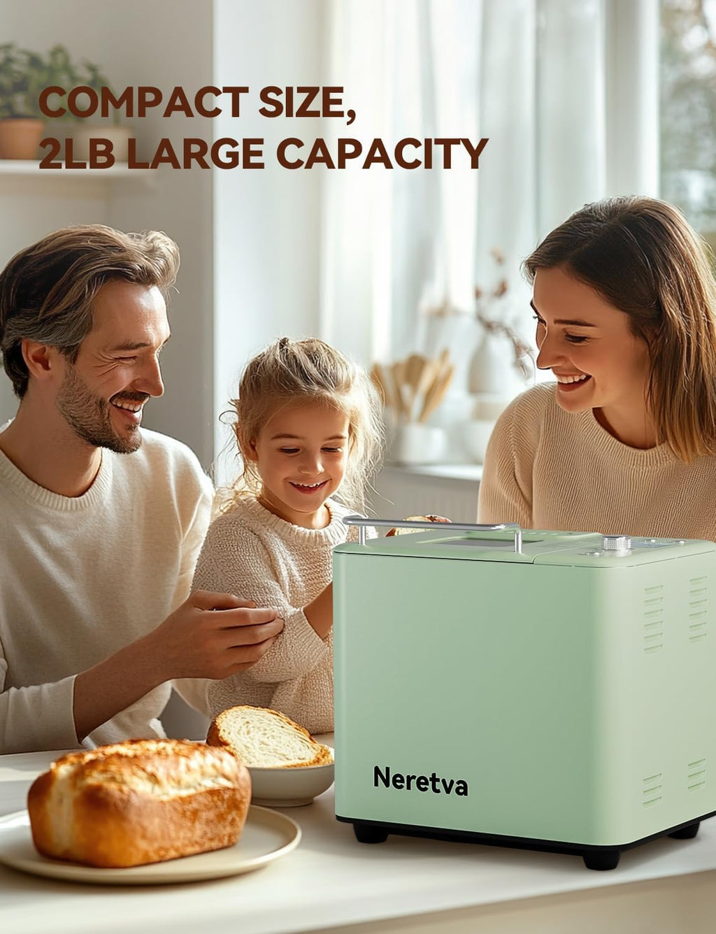 Neretva Bread Maker, 20-IN-1 2LB Bread Machine Dual Heater Bread Maker Machine Automatic with Nonstick Ceramic Pan, 15H Timer & 1H Keep Warm Set, Low Noise, Stainless Steel Breadmaker Recipe-Green wourant