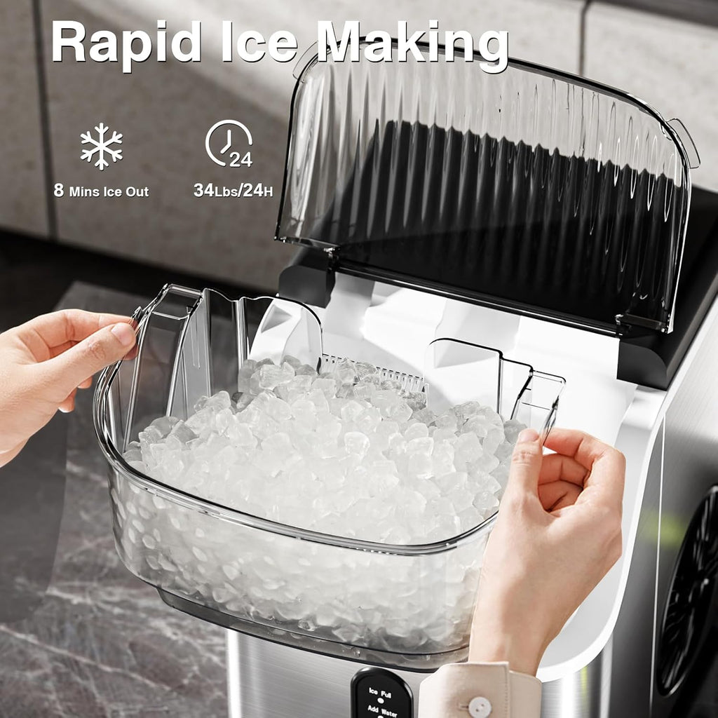Nugget Ice Makers Countertop, Pebble Ice Machine with Chewable Pellet Ice, 34Lbs/24H, Self-Cleaning, Sonic Ice, One-Click Operation, for Kitchen,Office Stainless Steel Silver wourant