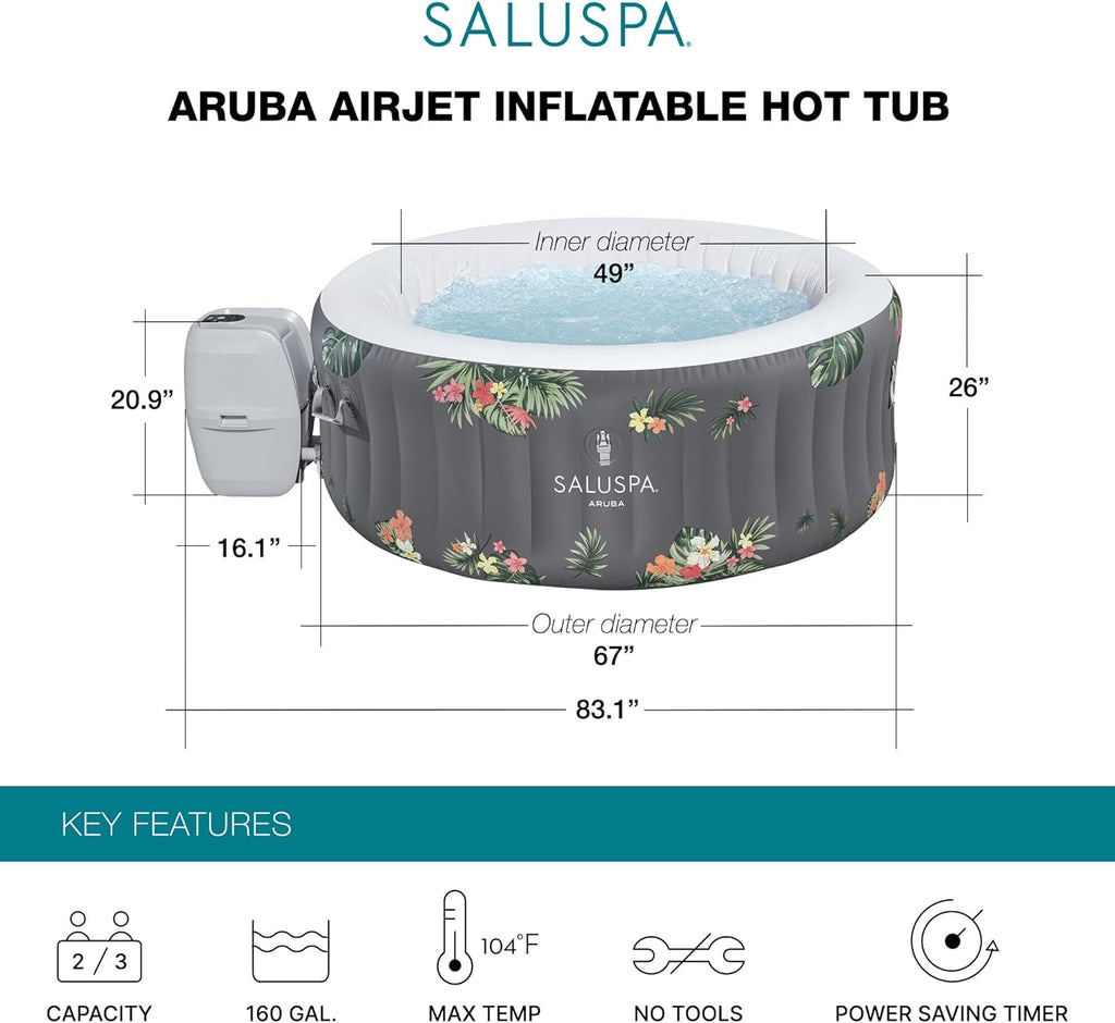 SaluSpa Aruba AirJet Large Round 2 to 3 Person Inflatable Hot Tub Portable Outdoor Spa with 110 AirJets and EnergySense Cover, Grey wourant
