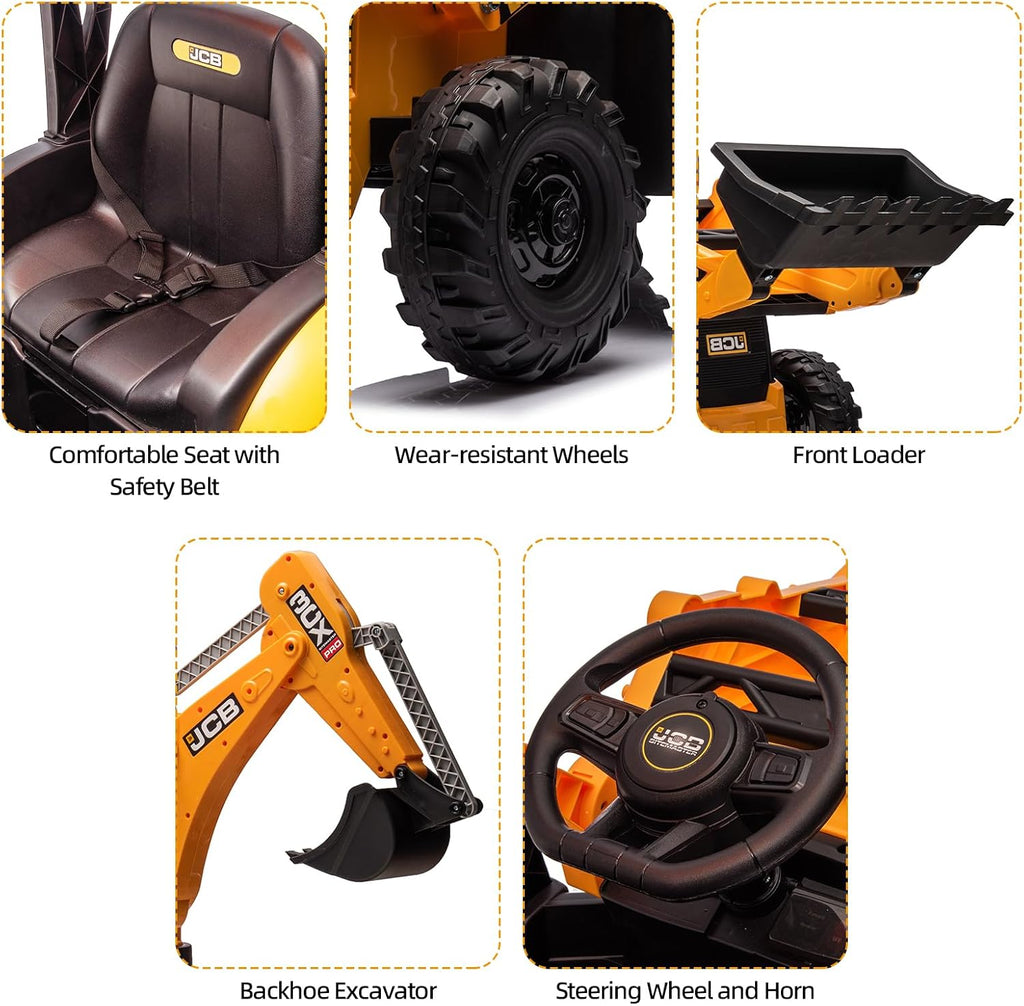 12V JCB Ride On Excavator, Ride on Toys for Kids 4-8, Electric Car for Kids with Tractor, Bulldozer, Digging Arm, Backhoe Toy Car with Slow Start/Stop, Adjustable Speeds wourant