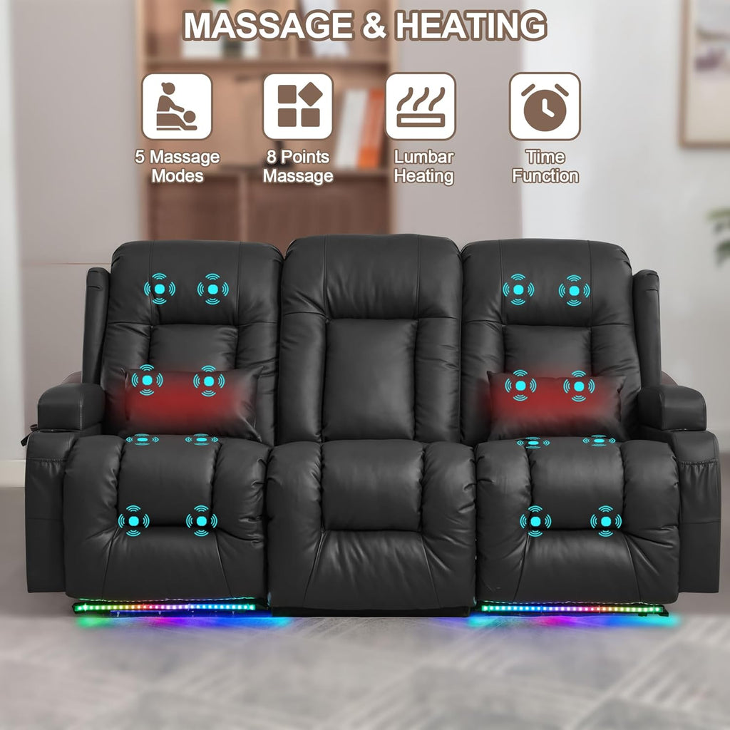 TUNYI Power Loveseat Recliner Sofa with Massage & Heat Home Theater Seating with Console Electric Recliner RV Sofa with USB/Outlet/Storage/Side Pocket/LED Light/Speaker (Brown, Loveseat) wourant