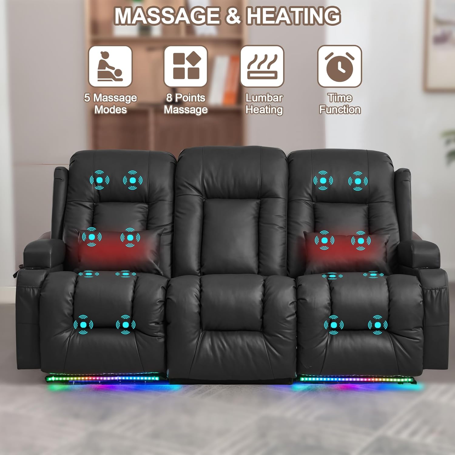 TUNYI Power Loveseat Recliner Sofa with Massage & Heat Home Theater Seating with Console Electric Recliner RV Sofa with USB/Outlet/Storage/Side Pocket/LED Light/Speaker (Brown, Loveseat) wourant