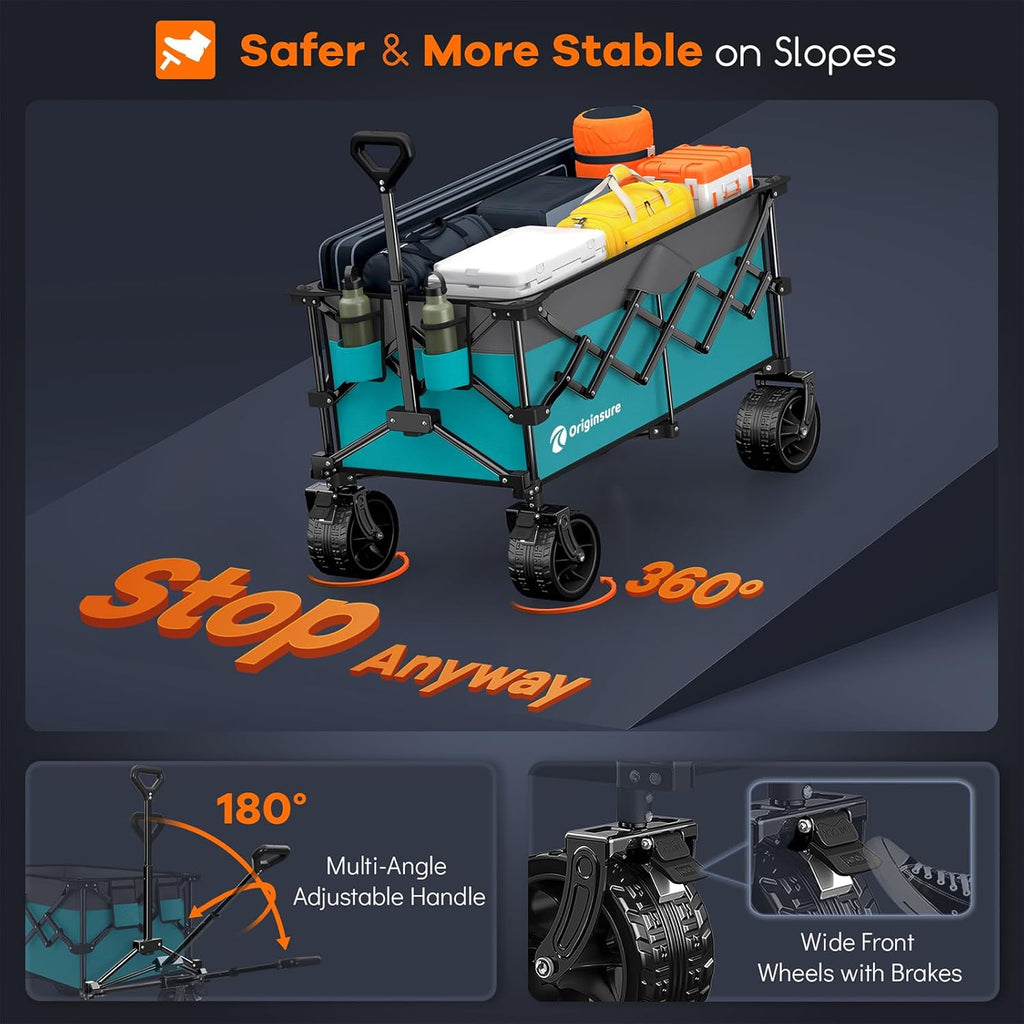 38" long foldable four-wheel stroller, foldable, 460 lb capacity, 220 liter heavy-duty folding beach stroller with large all-terrain tires wourant
