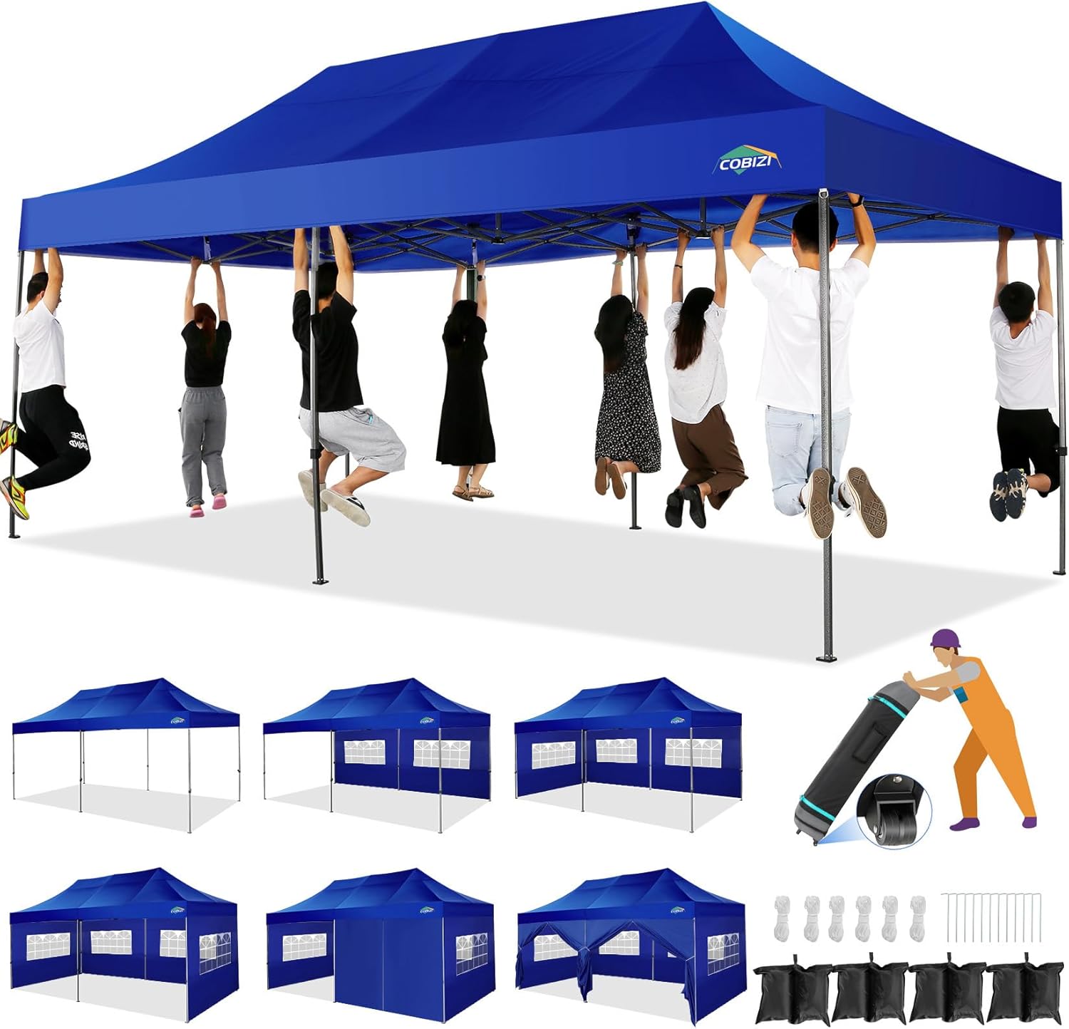 COBIZI 10x20 Heavy Duty Pop up Canopy Tent with 6 sidewalls Easy Up Commercial Outdoor Canopy Wedding Party Tents for Parties All Season Wind & Waterproof Gazebo with Roller Bag,Black(Frame Thickened) wourant