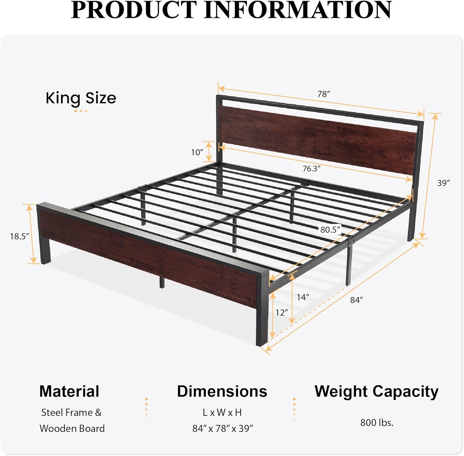 SHA CERLIN 14 Inch Queen Size Metal Platform Bed Frame with Wooden Headboard and Footboard wourant