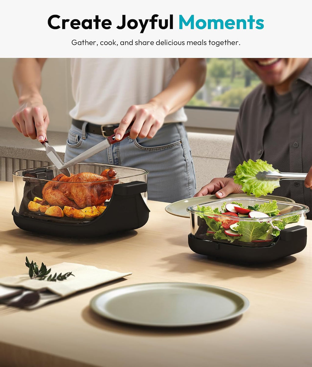 Rellytech Portable Glass Air Fryer - 1500W, 4.2 QT & 6-Cup Dual Glass Containers wourant