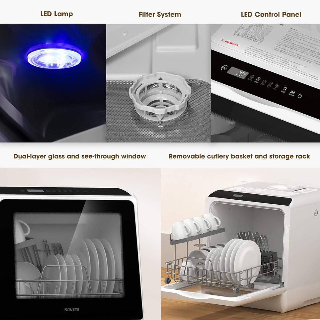 NOVETE Portable Countertop Dishwashers, Compact Dishwashers with 5 L Built-in Water Tank & Inlet Hose, 5 Washing Programs, Baby Care, Air-Dry Function and LED Light for Small Apartments wourant
