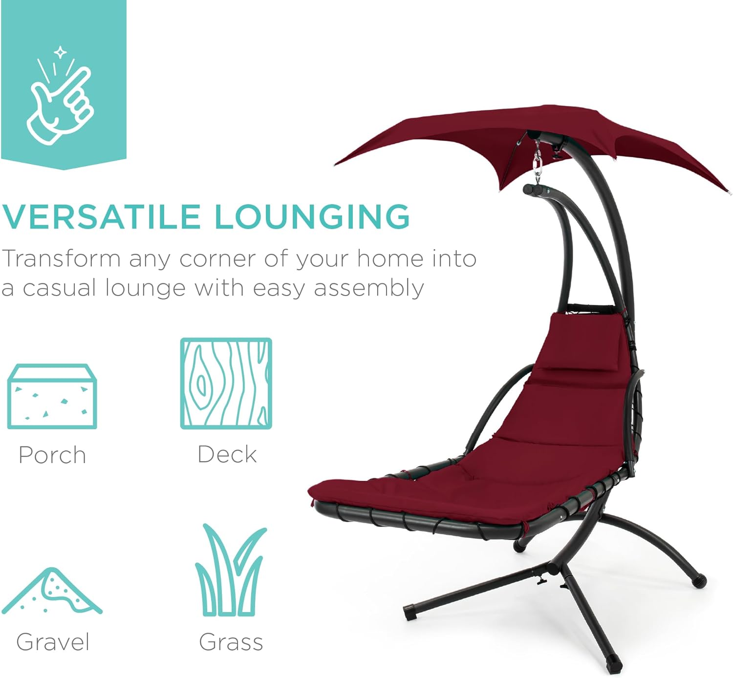 Best Choice Products Outdoor Hanging Curved Steel Chaise Lounge Chair Swing w/Built-in Pillow and Removable Canopy - Teal wourant