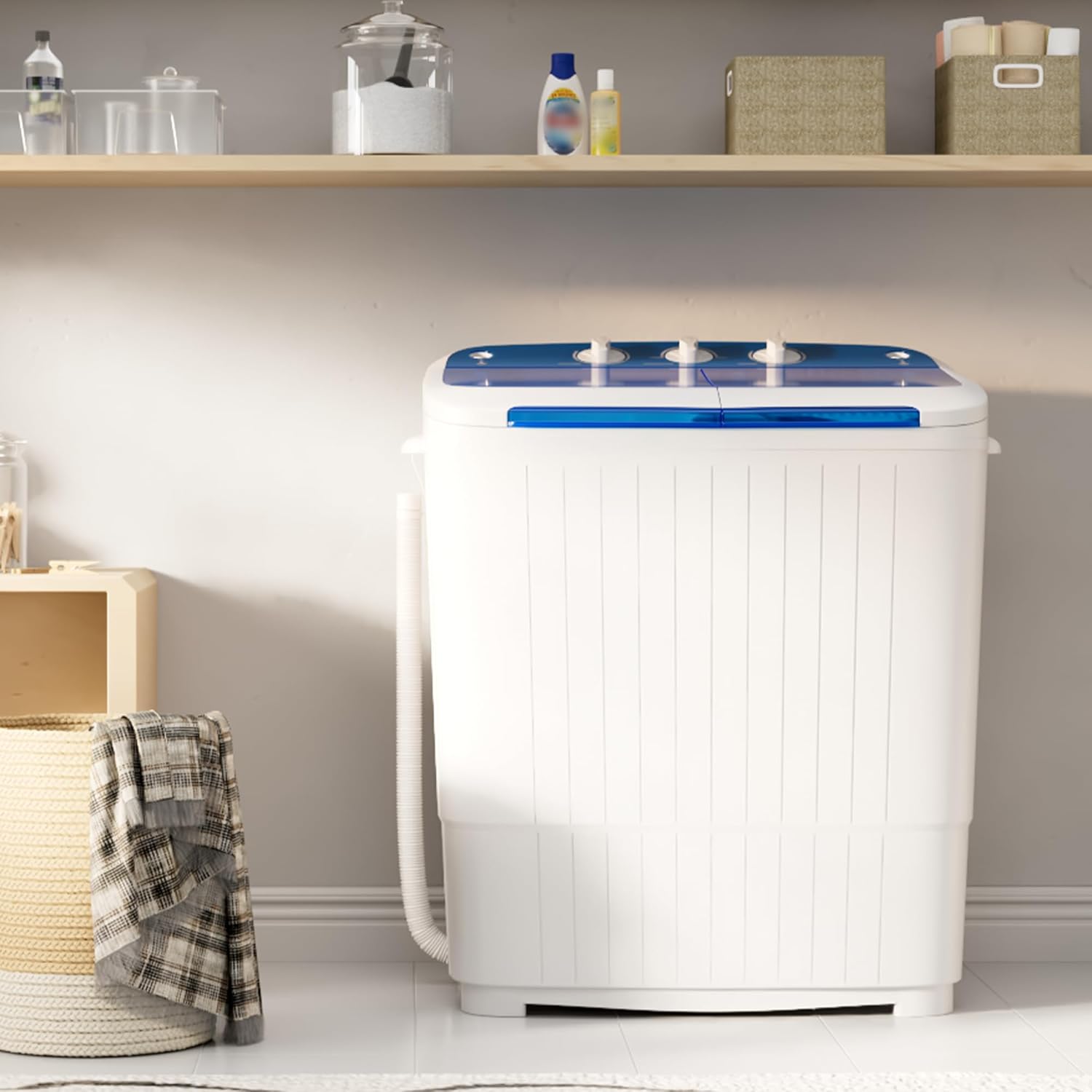 INTERGREAT Portable Washing Machine with Longer Hose, 16lbs Twin Tub Washer Mini Compact Laundry Washing Machine with Drain Pump, Semi-automatic Washer Combo for Dorms, Apartments, Blue wourant