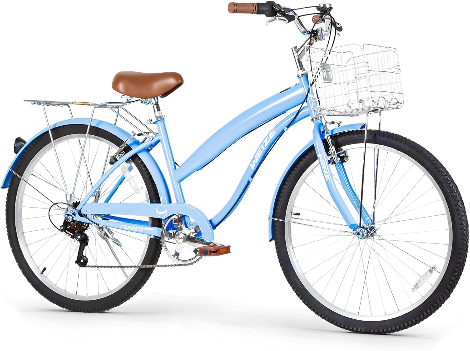 WEIZE Beach Cruiser Bike, 26 inch Commuter Bicycle for Adult Men and Women, 7-Speed/High-Carbon Steel/Front & Rear Fenders, Comfortable City Bikes with Rear Rack or Basket, Ergonomic Upright Design wourant