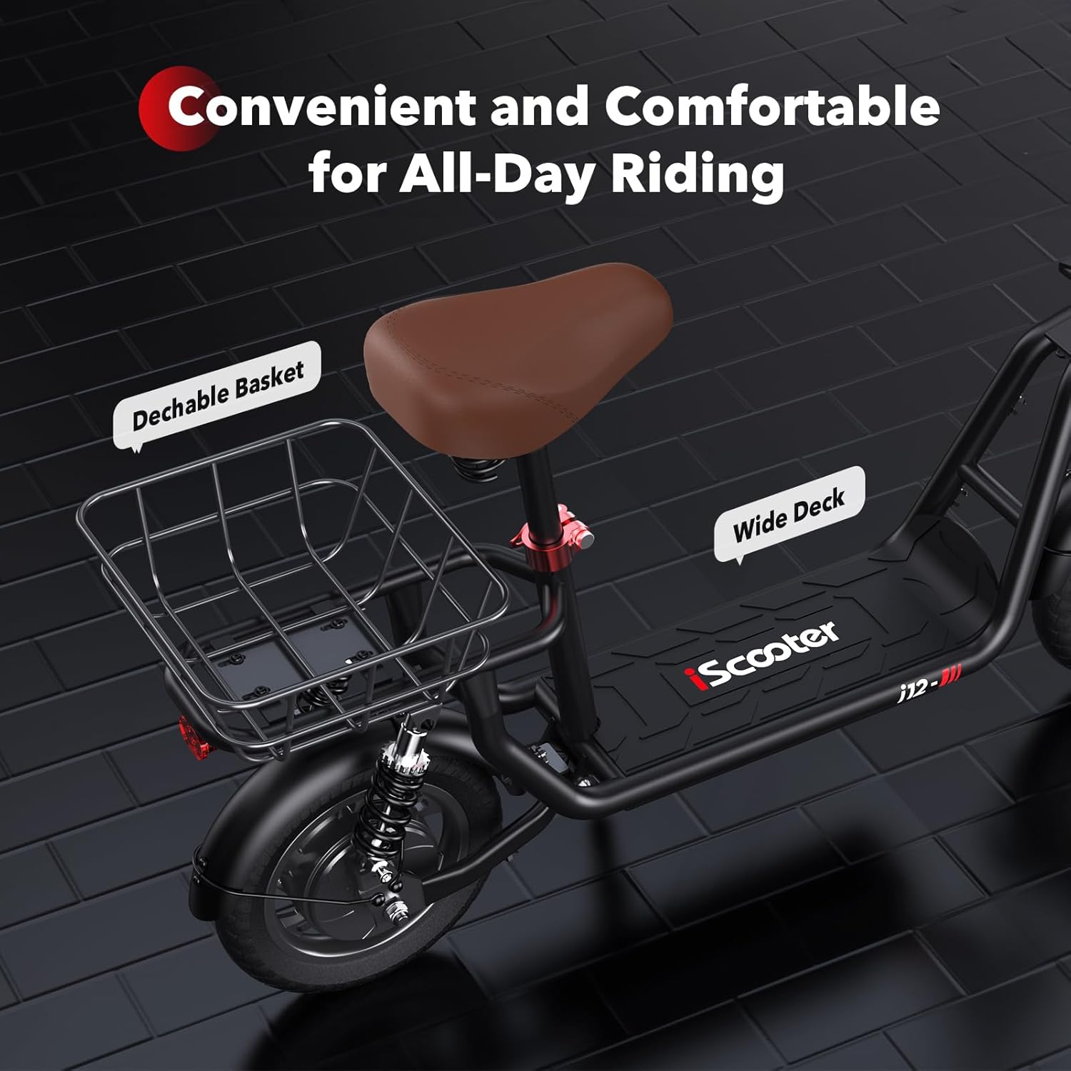 iScooter electric scooter with seat, 37/21 mile range, 28/19/15.6 mph top speed, dual suspension scooter with basket wourant