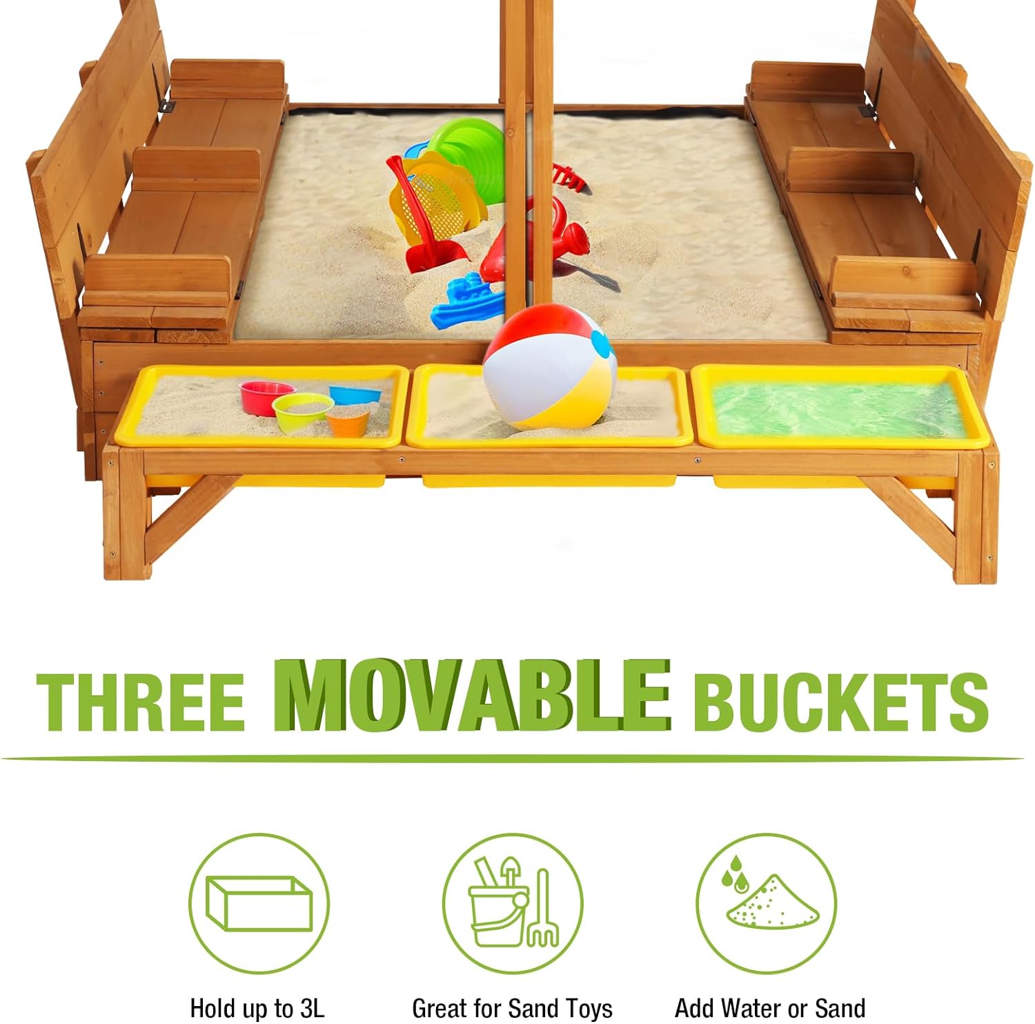 Kids Wooden Outdoor Sandbox w/Canopy, 2 Foldable Bench Seats, Retractable Roof Sand Protection Liner 47x47-Inch wourant