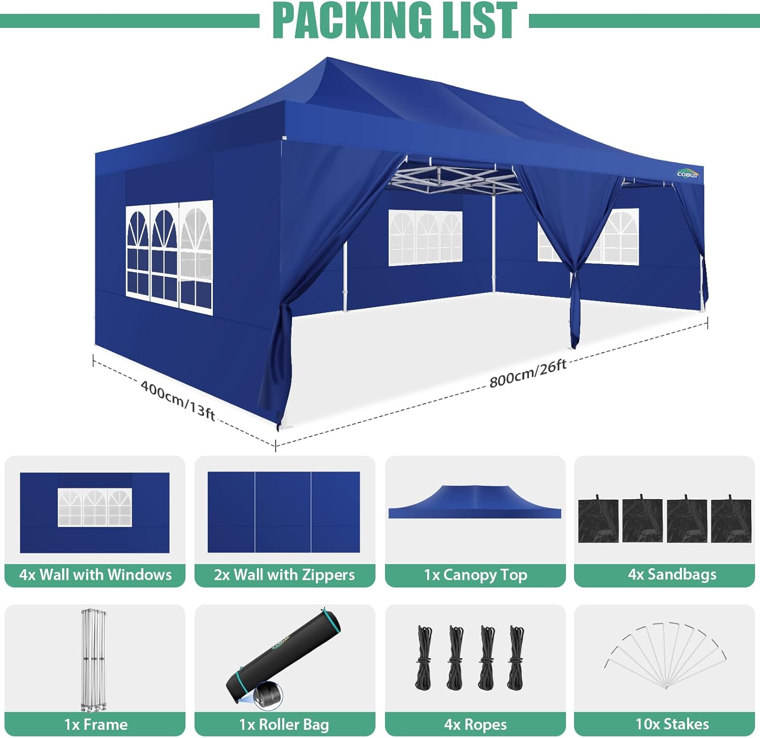 COBIZI 10x20 Heavy Duty Pop up Canopy Tent with 6 sidewalls Easy Up Commercial Outdoor Canopy Wedding Party Tents for Parties All Season Wind & Waterproof Gazebo with Roller Bag,Black(Frame Thickened) wourant