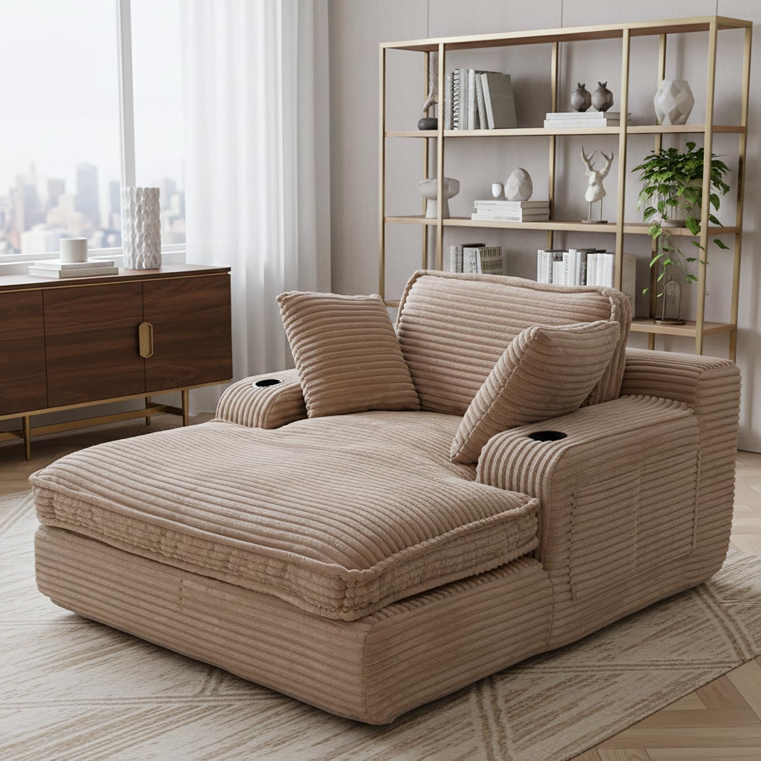 67" Oversized Chaise Lounge Chair Indoor Soft Boneless Cloud Couch with 3 Pillows 4 Side Pockets wourant