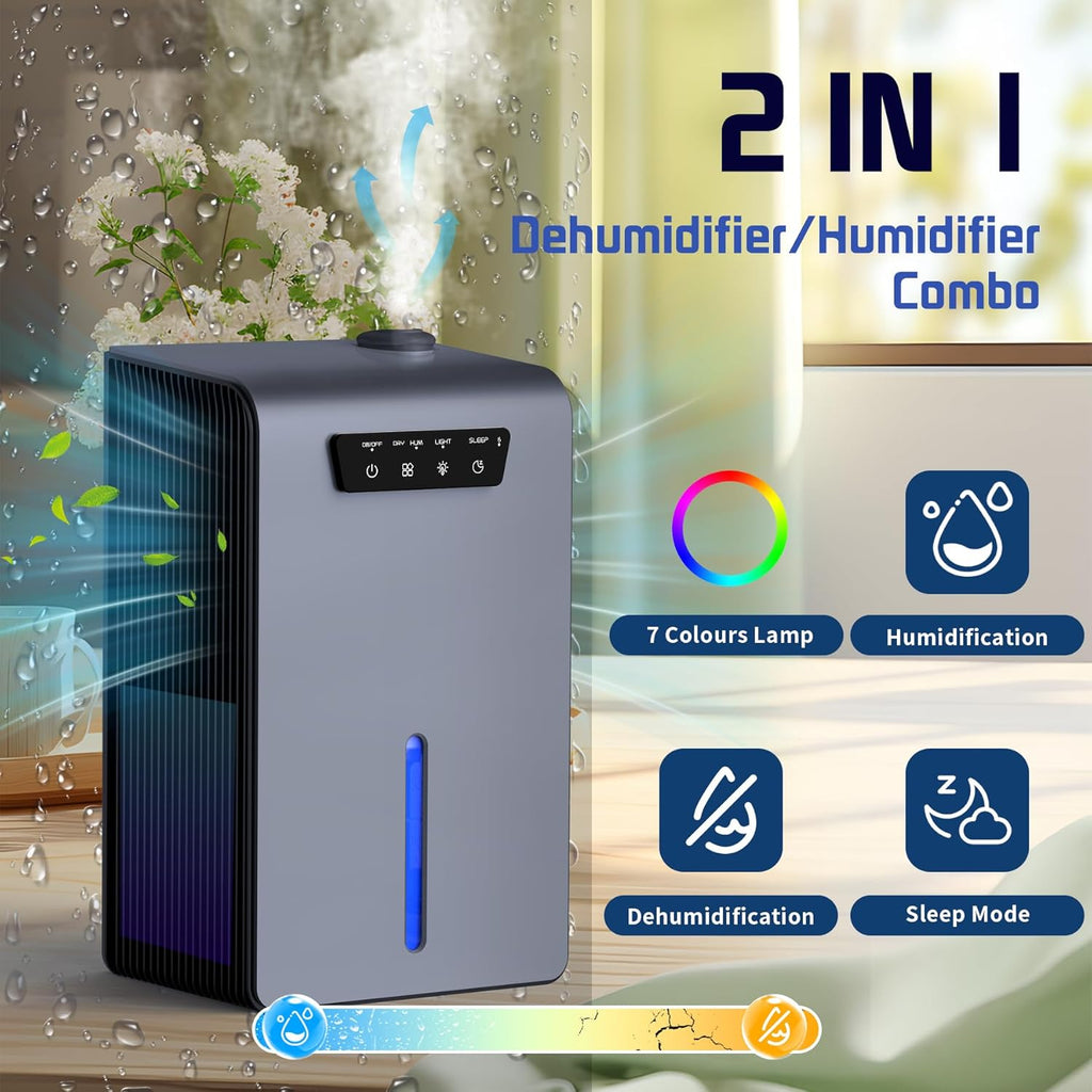 Dehumidifier,2 in 1 Humidifier Dehumidifier Combo,102 OZ Water Tank Dehumidifiers for Home Bedroom,Basement Bathroom,Auto Shut Off,Sleep Mode,7 Colors LED Light wourant