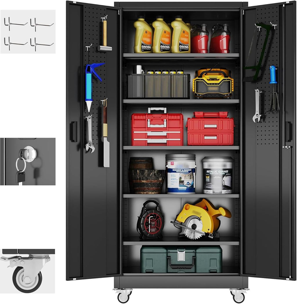 Aobabo 73''H Metal Garage Storage Cabinet with Wheels,Steel Cabinets with 2 Doors and 4 Adjustable Shelves for Home Office,Required Assembly,Black wourant
