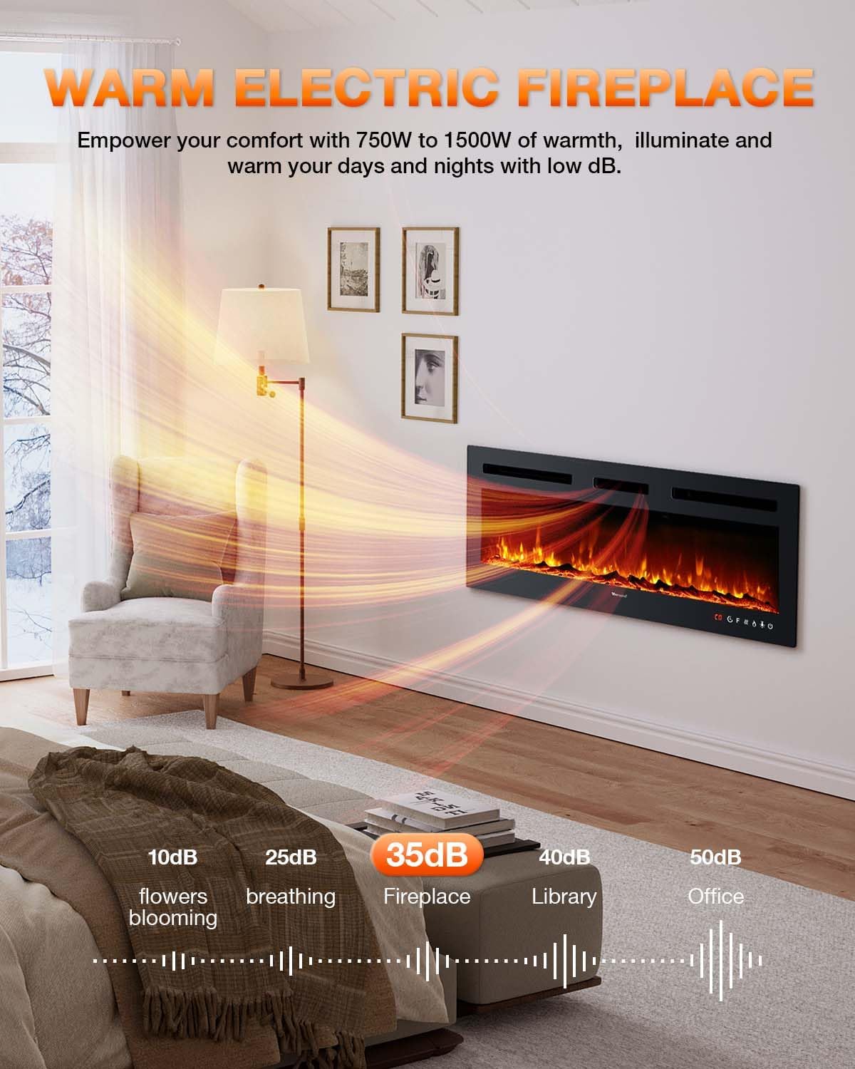 Electric Fireplace 60Inch,Wall Mounted Electric Fireplace Heater with Timer Inserts，TV Stand Touch Screen and Realistic Flame,Log Set,Crystal Flames 750 to 1500W，Remote for Living Room wourant