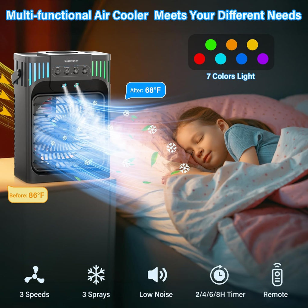 Portable Air Conditioners,4-in-1 Evaporative Air Cooler with 3 Speeds, 3 Modes & 7 LED Light Cooling Fan with Remote, 2-8H Timer, 1200ML Personal Mini Air Conditioner for Bedroom and Office wourant