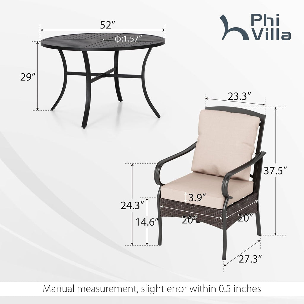PHI VILLA 6-Piece Outdoor Dining Sets, All-Weather Patio Table and Chairs Set with Umbrella for 4, Heavy Duty Patio Round Table Set for Deck, 4 Extra Large Outdoor Swivel Chairs with Thick Cushions wourant