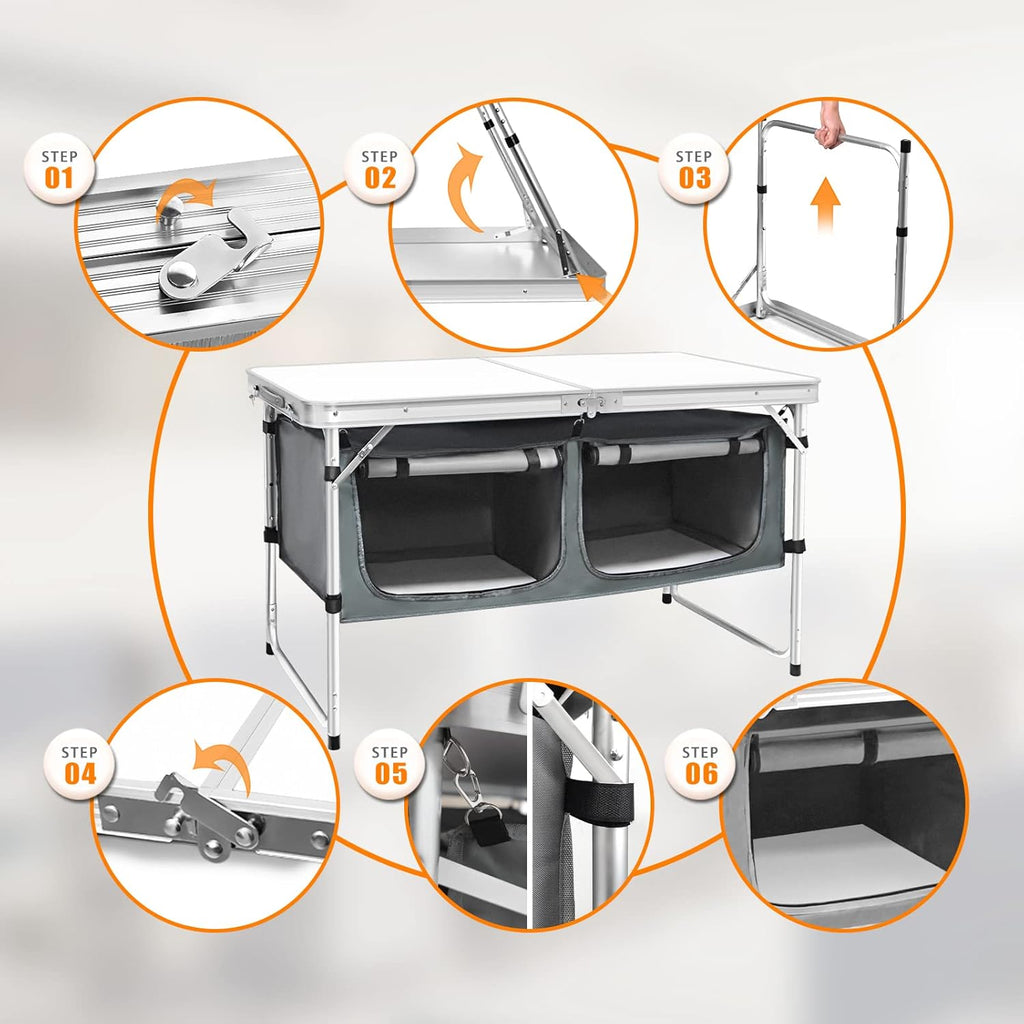 Outdoor Folding Table Aluminum Lightweight Height Adjustable with Storage Organizer for BBQ, Party, Camping wourant