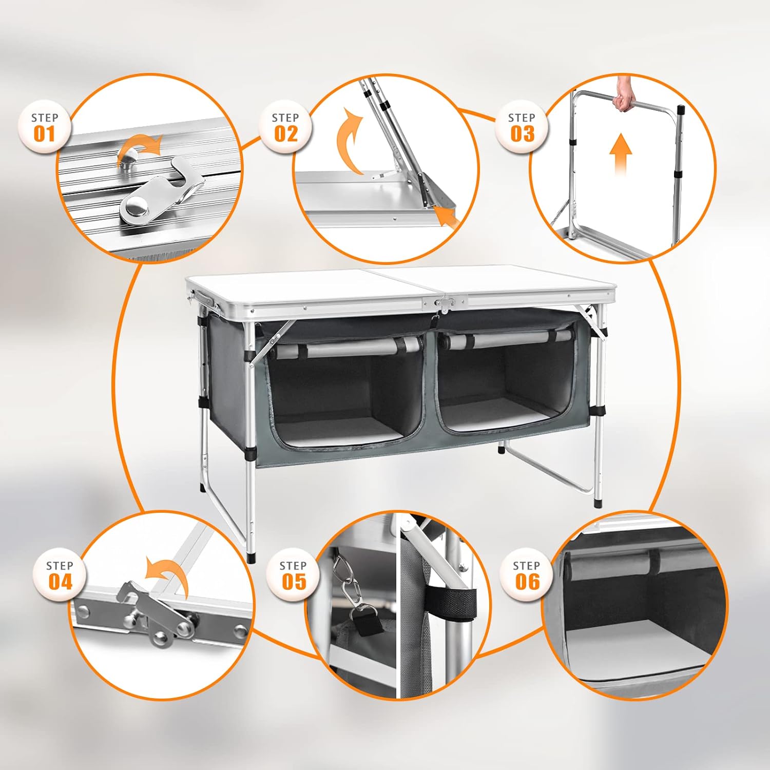 Outdoor Folding Table Aluminum Lightweight Height Adjustable with Storage Organizer for BBQ, Party, Camping wourant