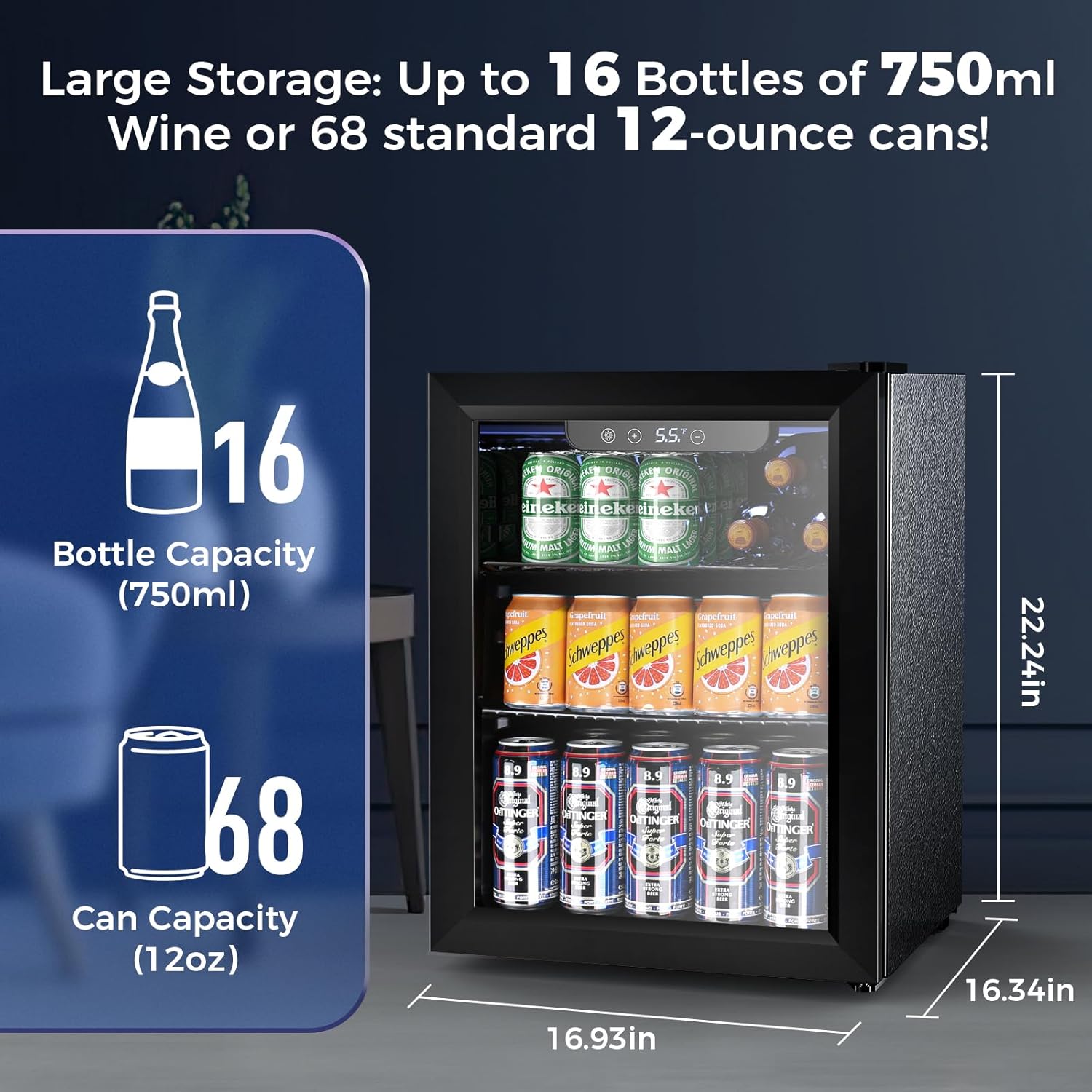 Mini Fridge 130 Can Beverage Refrigerator Cooler, 3.2 Cu.Ft Drink Fridge for Soda Wine Beer, Adjustable Temperature Control for Home Office, Black wourant