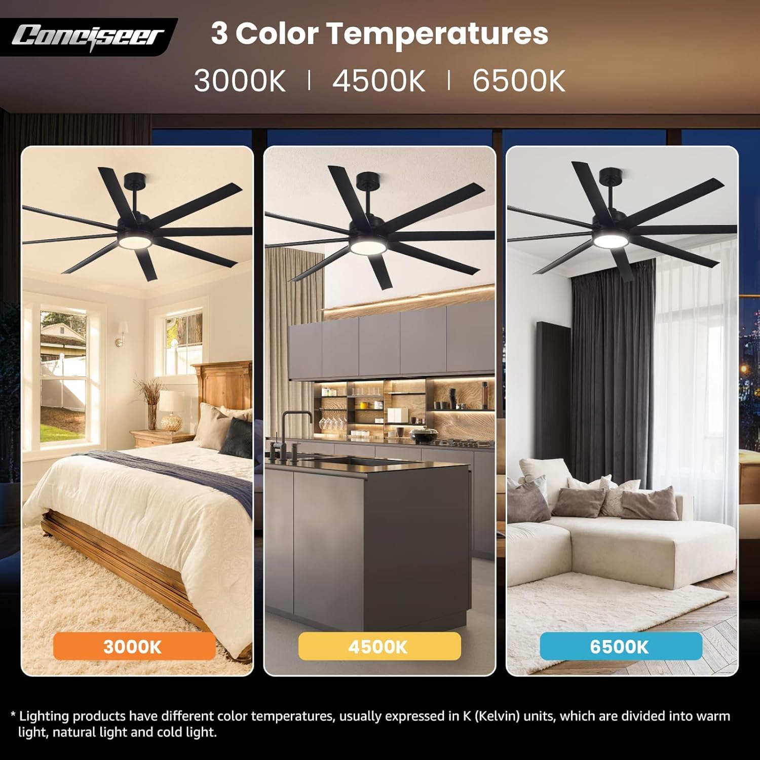 Modern Ceiling Fans with Lights, 72 Inch Ceiling Fan with Light and Remote, Bedroom Living Room Library Cafe Outdoor/Industrial,24W 3CCT Dimmable, 8 Blades 6 Speed Reversible Quiet DC Motor, Black wourant