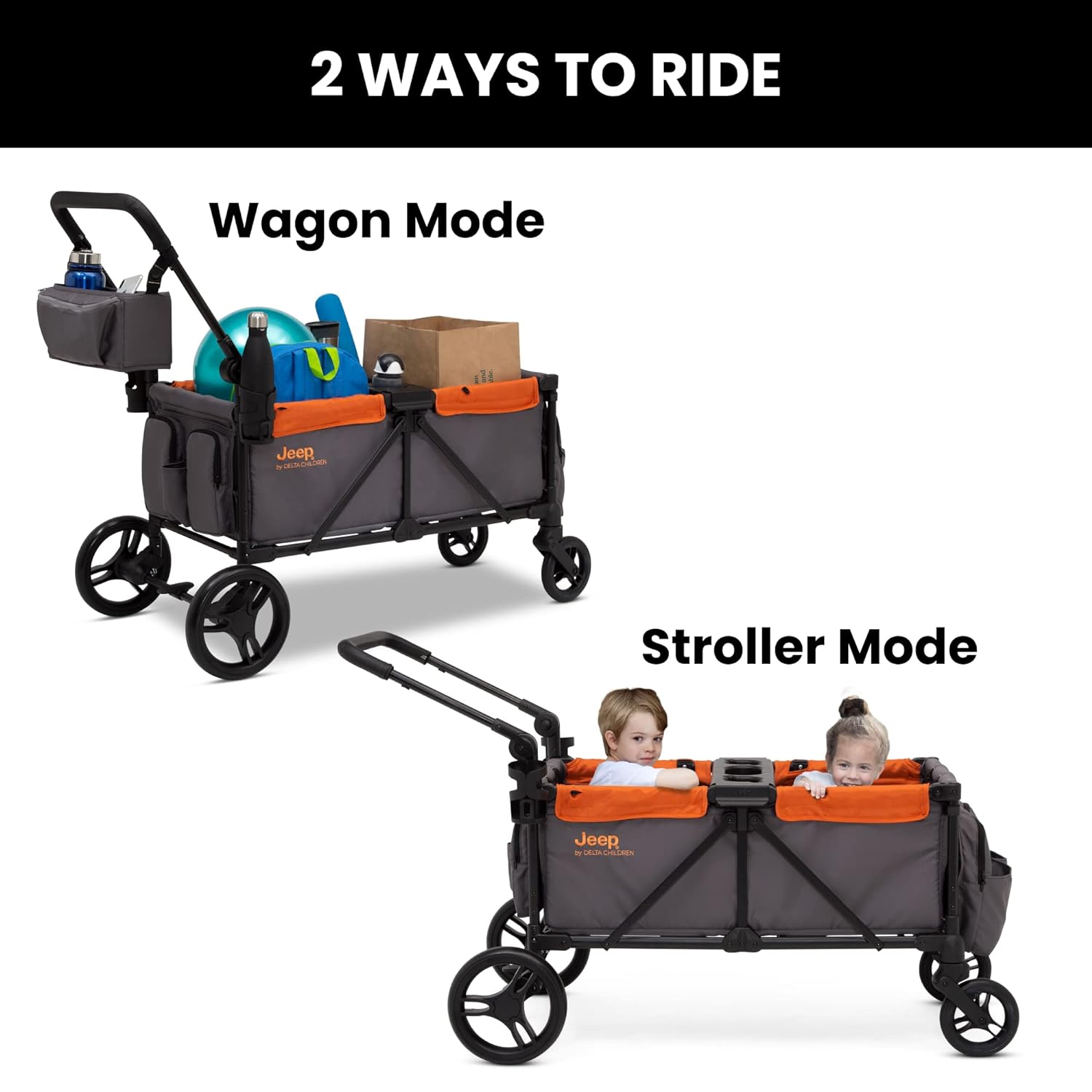 Jeep Sport All-Terrain Stroller Wagon by Delta Children - Includes Canopy, Parent Organizer, Adjustable Handlebar, Snack Tray & Cup Holders, Grey/Olive Green wourant