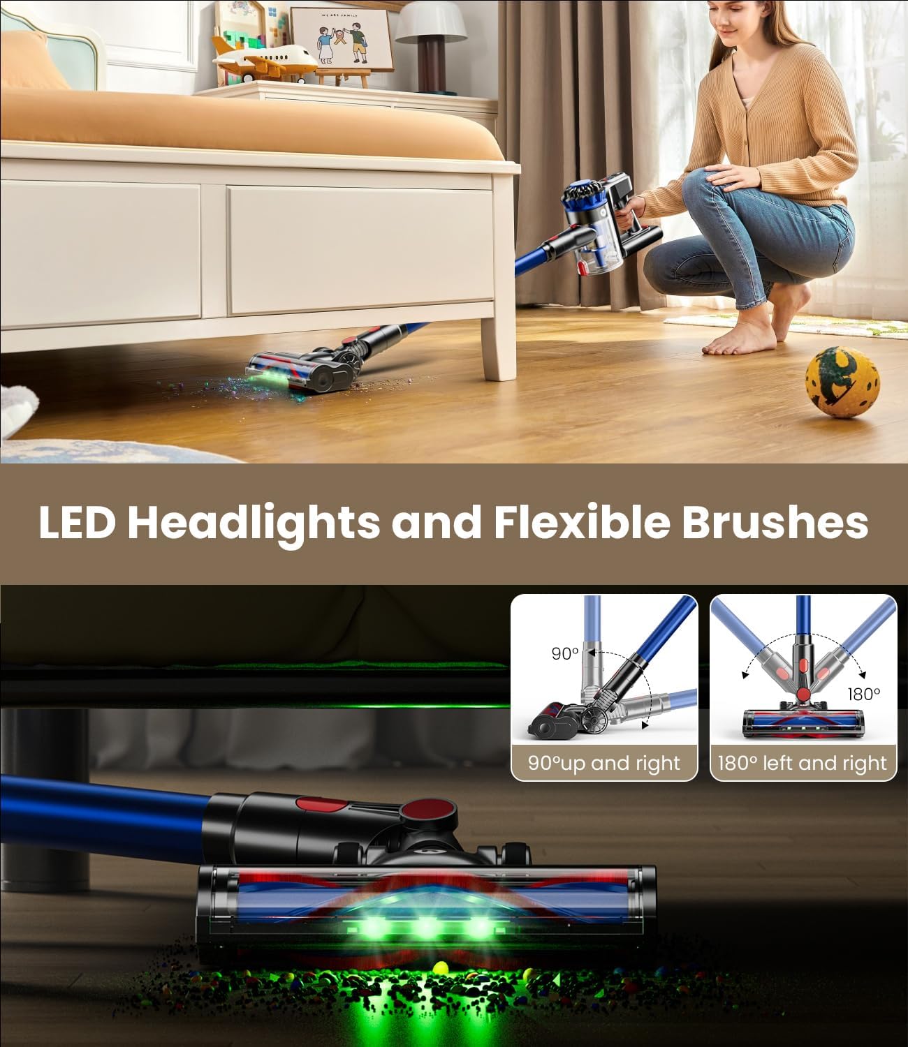 Cordless Vacuum Cleaner, 500W/40Kpa Vacuum Cleaners for Home, 60Mins Stick Vacuum with LED Display, Anti-Tangle & Wall Mount Charging, 8 in 1 Lightweight Vacuum for Hard Floors Carpet Pet Hair woonhhop