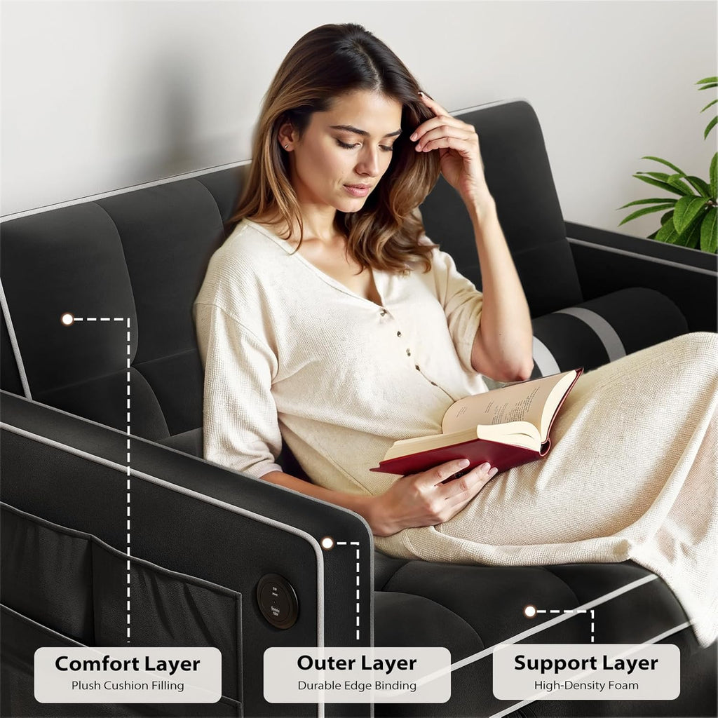 Pipishell 3 in 1 Convertible Sleeper Sofa Bed,Pull Out Couch for Living Room with USB Ports & Side Pockets,Adjustable Backrest,Velvet,Loveseat Sofa Bed,Futon Couches,Black wourant