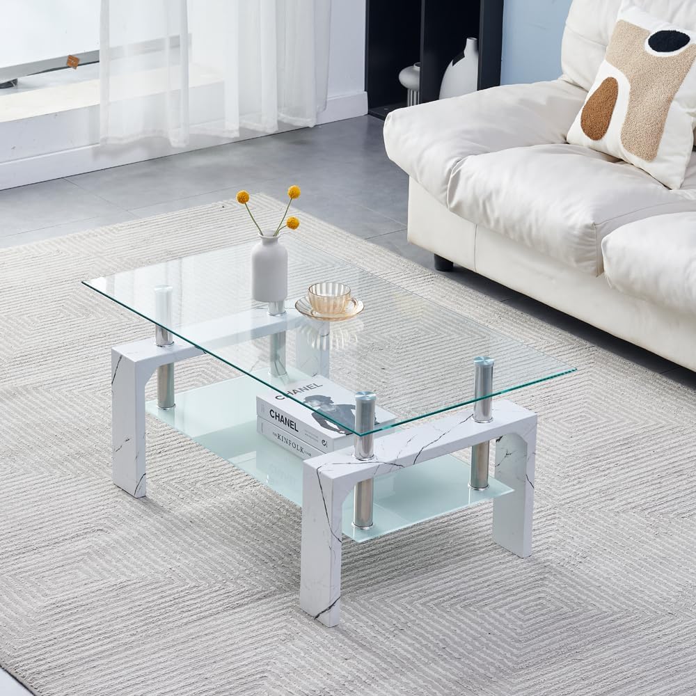 Living Room Rectangle Coffee Table, Tea Table Suitable for Waiting Room, Modern Side Coffee Table with Wooden Leg, Glass Tabletop wourant