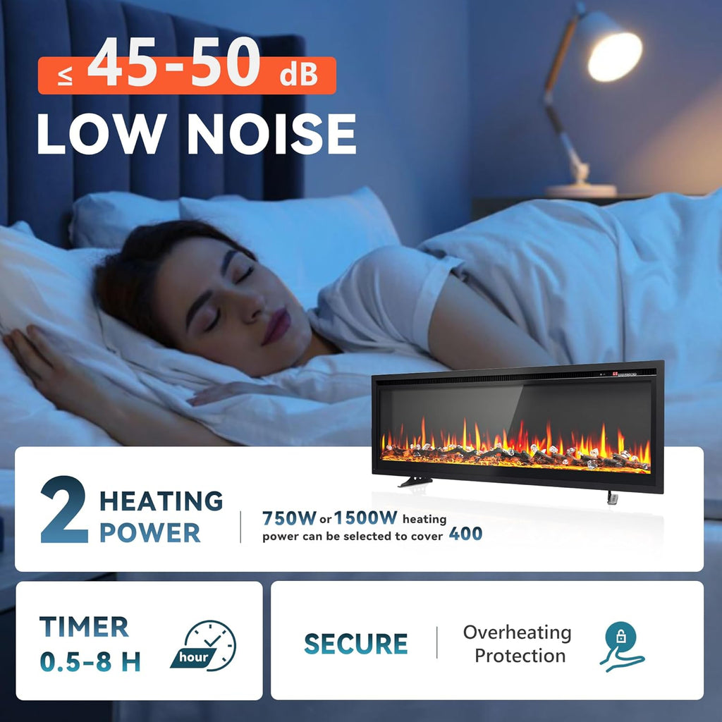 EUHOMY 50 Inch Electric Fireplace Wall Recessed and Wall Mounted with Adjustable Flame Color, Fireplace Heater with Remote Control, Linear Fireplace with Timer, Touch Screen, Log & Crystal, 750/1500W wourant