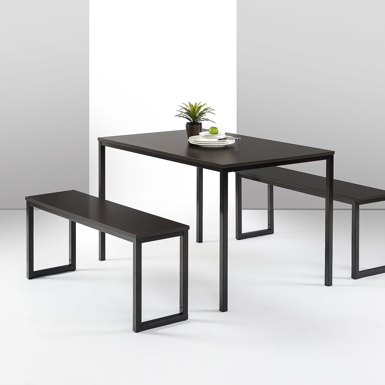 Zinus Louis 48 Inch Black Metal Frame Dining Table with Benches 3 Piece Dining Set wourant