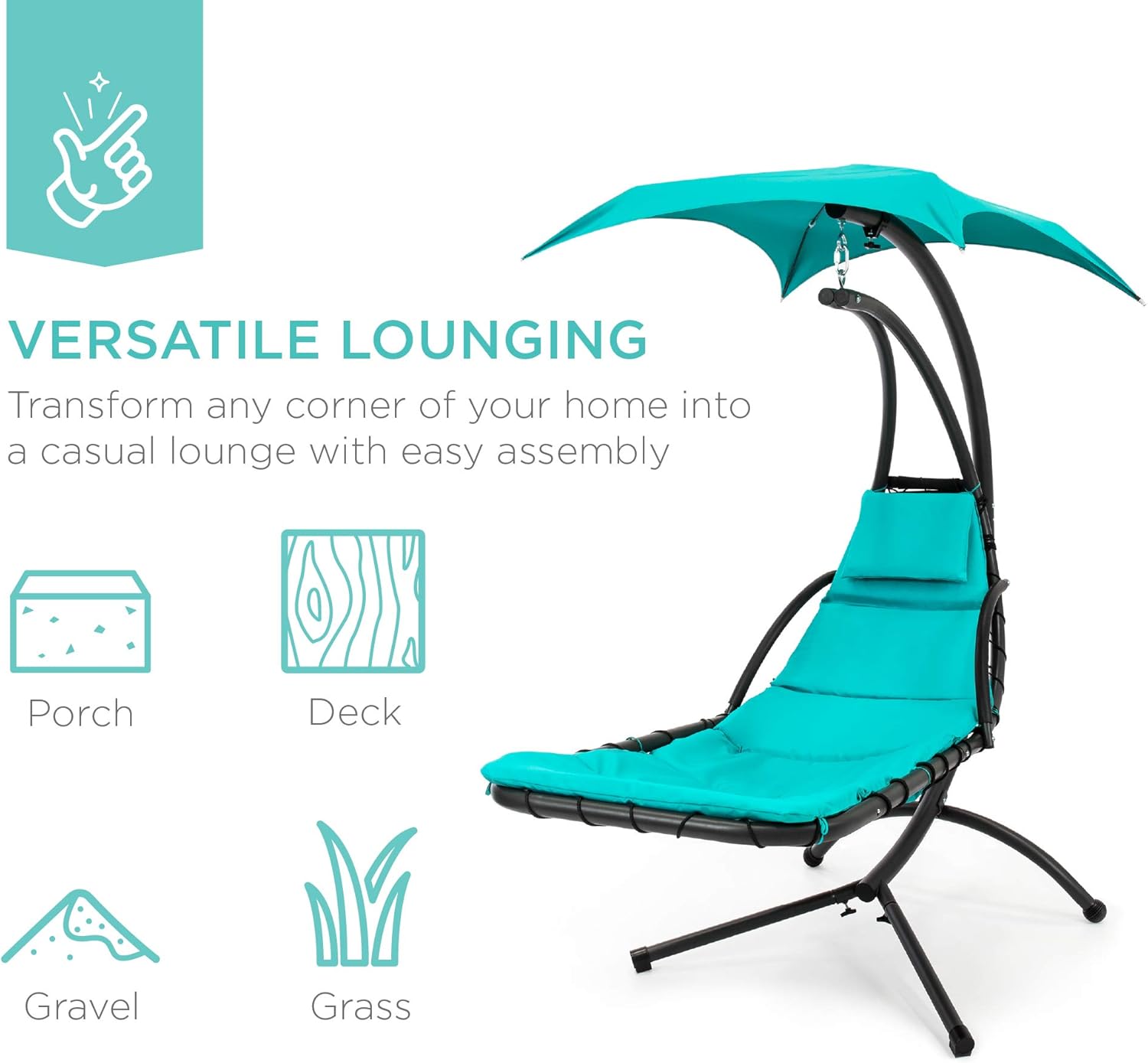 Best Choice Products Outdoor Hanging Curved Steel Chaise Lounge Chair Swing w/Built-in Pillow and Removable Canopy - Teal wourant