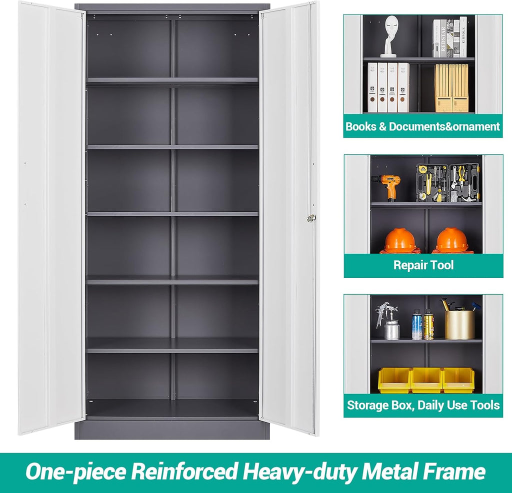 Metal Storage Cabinet with 2 Doors and 6 Shelves, Black Metal Cabinet with Lock, 71 Inch Lockable Garage Storage Cabinet wourant