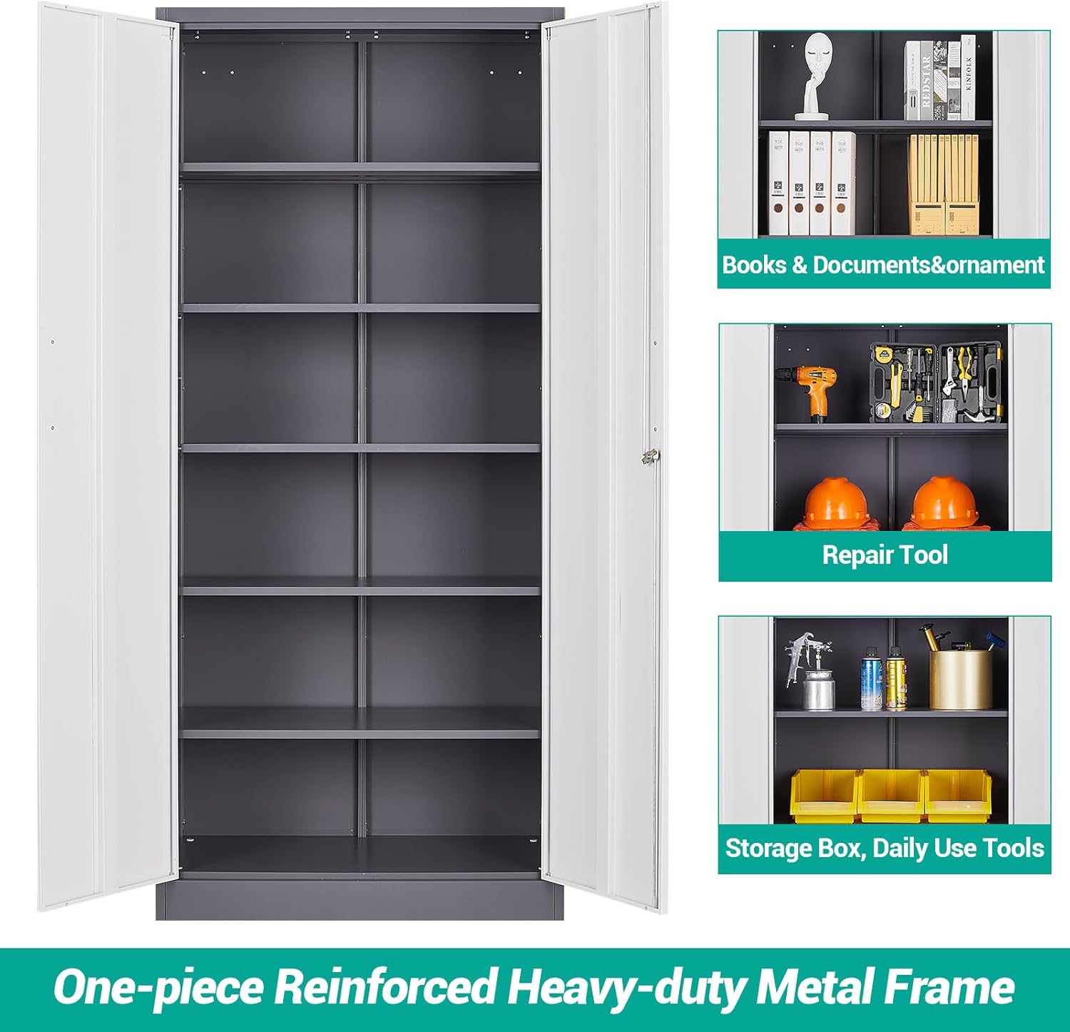 Metal Storage Cabinet with 2 Doors and 6 Shelves, Black Metal Cabinet with Lock, 71 Inch Lockable Garage Storage Cabinet wourant