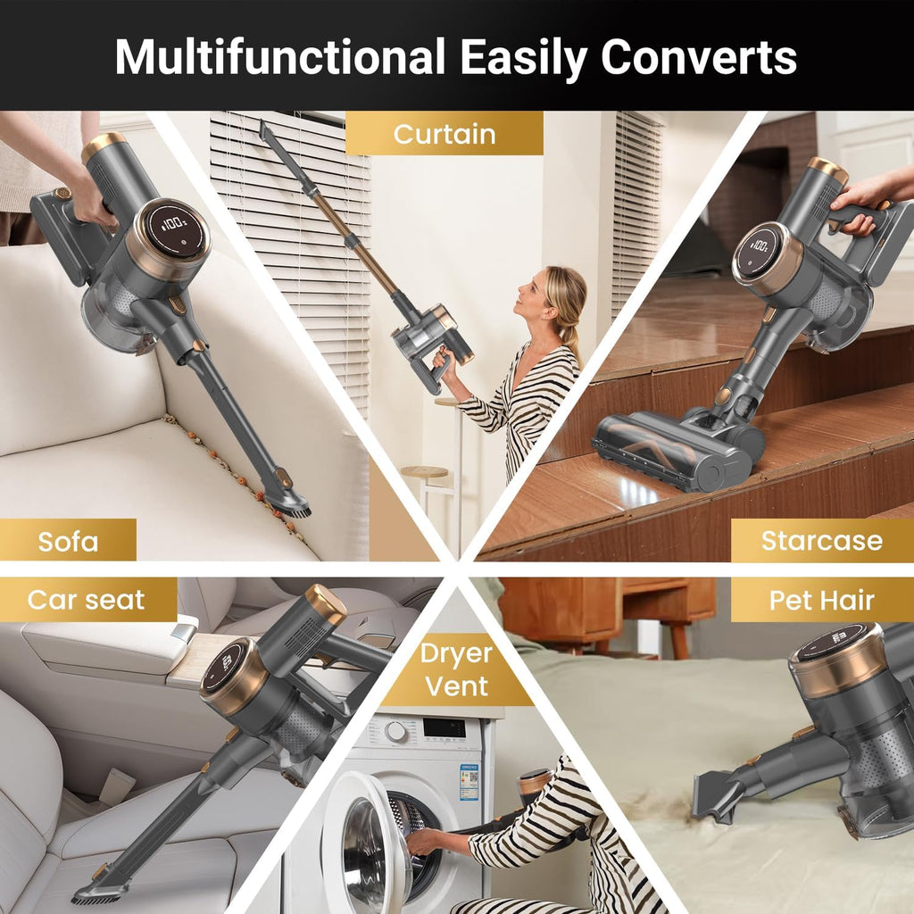 Cordless Vacuum Cleaner, 10-in-1 Lightweight Stick Vacuum with 45mins Runtime, Powerful Suction, LED Touch Screen, Rechargeable Vacuum Cleaners for Home Hardwood Floor Carpet Pet Hair (Gold) woonhhop