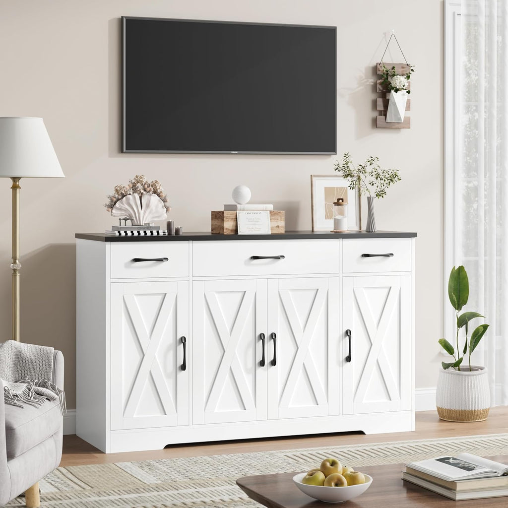 HOSTACK Buffet Cabinet with Drawers, 55" Large Sideboard Buffet Storage Cabinet with Shelves and Doors, Modern Farmhouse Coffee Bar Station Wood Kitchen Table for Kitchen, Dining Room, White/Rustic wourant