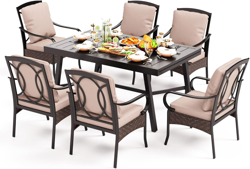 PHI VILLA 6-Piece Outdoor Dining Sets, All-Weather Patio Table and Chairs Set with Umbrella for 4, Heavy Duty Patio Round Table Set for Deck, 4 Extra Large Outdoor Swivel Chairs with Thick Cushions wourant