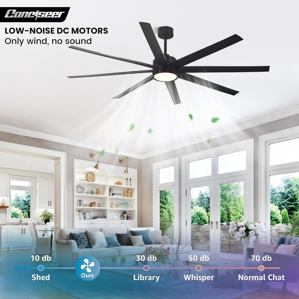 Modern Ceiling Fans with Lights, 72 Inch Ceiling Fan with Light and Remote, Bedroom Living Room Library Cafe Outdoor/Industrial,24W 3CCT Dimmable, 8 Blades 6 Speed Reversible Quiet DC Motor, Black wourant