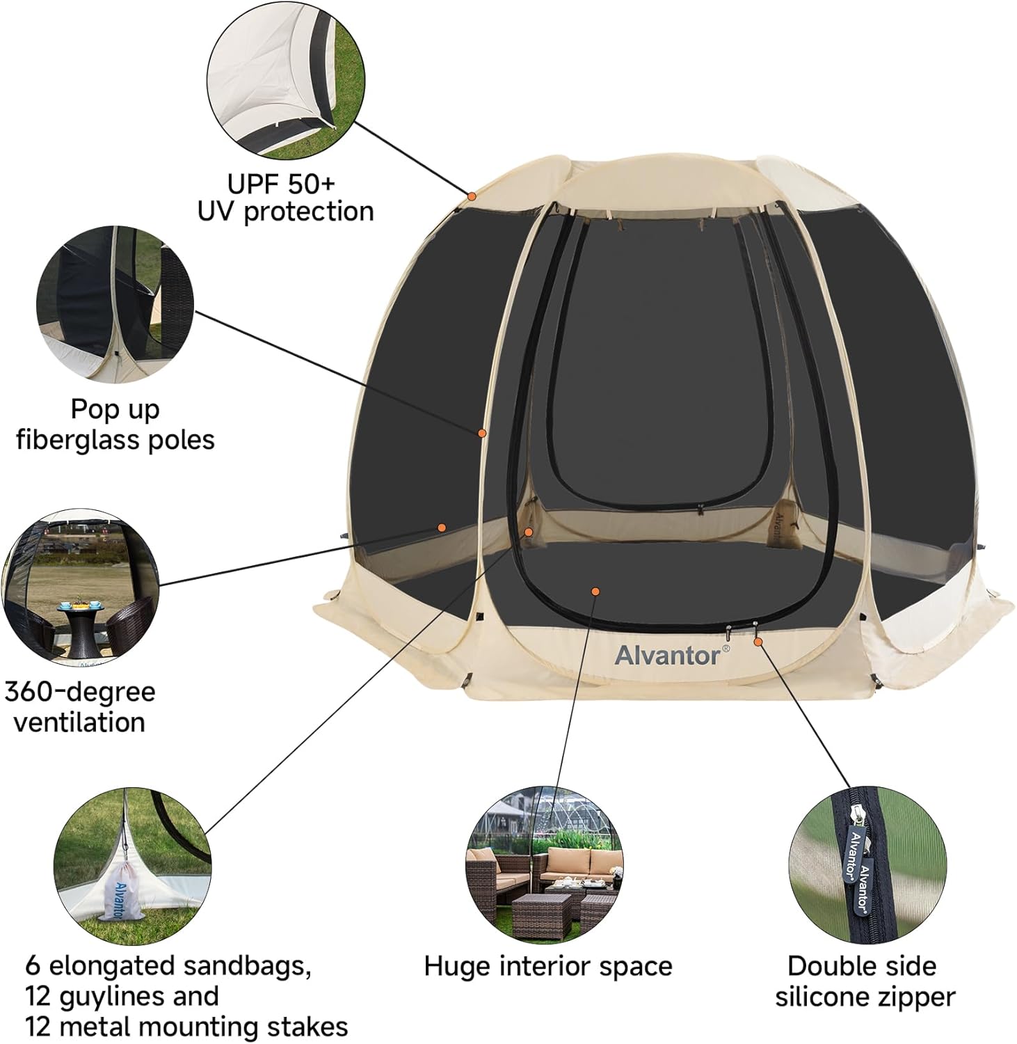 Alvantor Screen House Gazebo, 6-10-15 Person Pop Up Igloo Screened Canopy Tent with Mosquito Netting Sides, Instant UV Resistant Sun Shelter for Garden, Patio, Backyard wourant