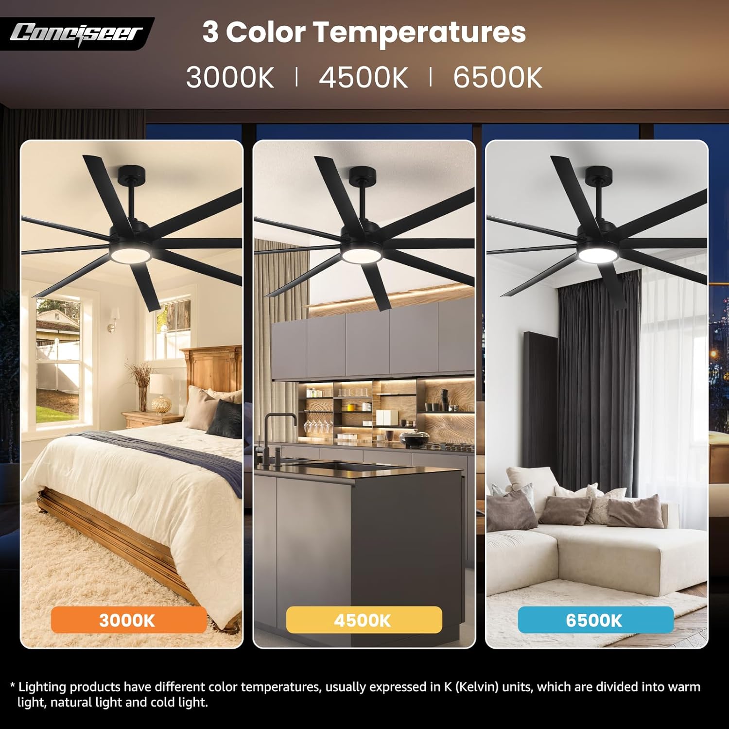 Modern Ceiling Fans with Lights, 72 Inch Ceiling Fan with Light and Remote, Bedroom Living Room Library Cafe Outdoor/Industrial,24W 3CCT Dimmable, 8 Blades 6 Speed Reversible Quiet DC Motor, Black wourant