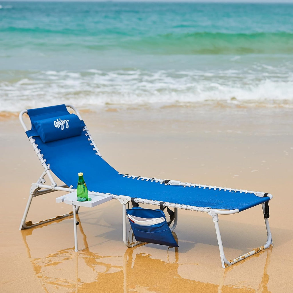 2 Pack Outdoor Chaise Lounge Chair - Portable Folding Patio Pool Lounge Chair, 5 Positions Adjustable Reclining Camping Chair with Side Table,Shoulder Strap, Pillow for Beach Sunbathing Lawn wourant