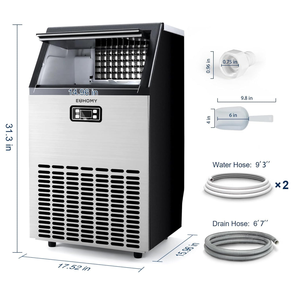 EUHOMY Commercial Ice Maker Machine, 100lbs/24H Stainless Steel Under Counter ice Machine with 33lbs Ice Storage Capacity, Freestanding Ice Maker. wourant