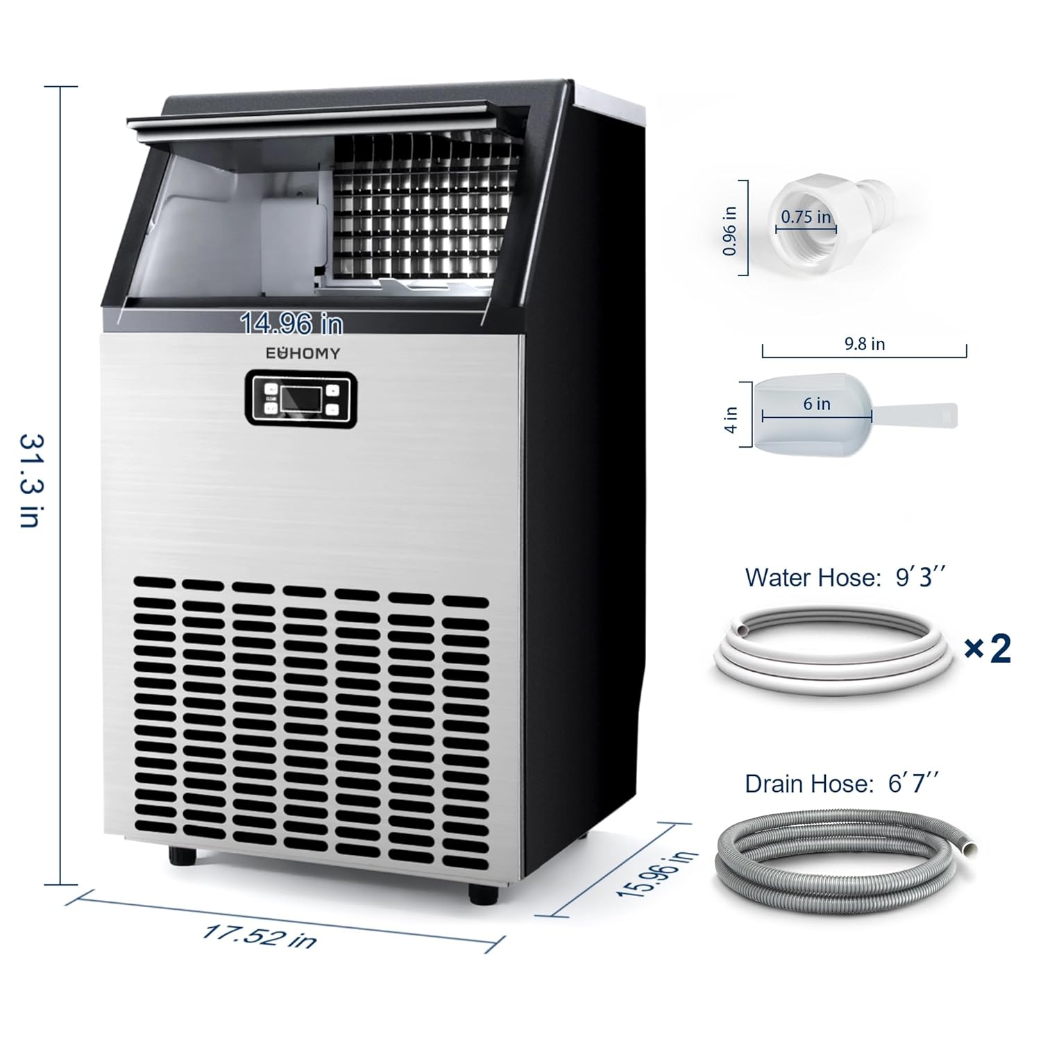 EUHOMY Commercial Ice Maker Machine, 100lbs/24H Stainless Steel Under Counter ice Machine with 33lbs Ice Storage Capacity, Freestanding Ice Maker. wourant