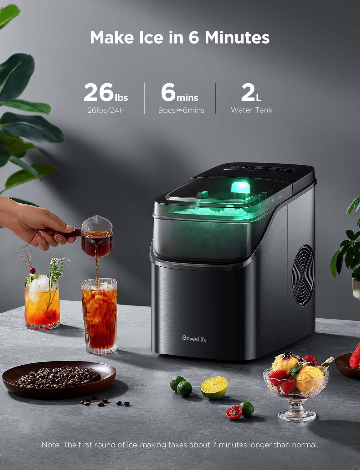 GoveeLife Smart Ice Maker Countertop, Portable Ice Machine with Voice Control, 9 Ice Cubes in 6 Minutes 3 Sizes, 26lbs/24Hrs, Self Cleaning RGB Lights, Quiet Ice Maker with Scoop for Kitchen Black wourant