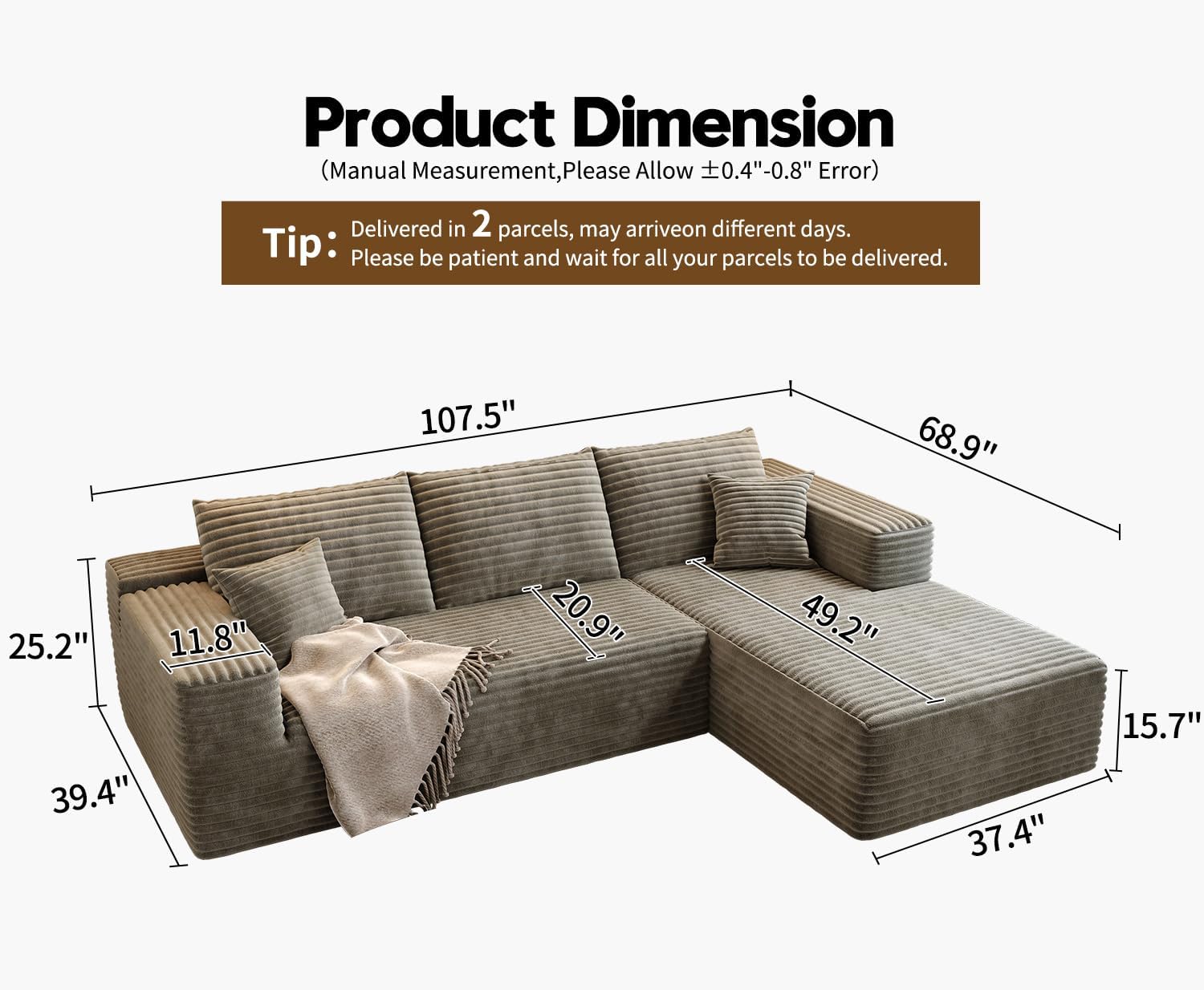 107.5" Cloud Modular Sectional Sofa Couch with L-Shape Chaise,Modern Minimalist Upholstered Couches wourant