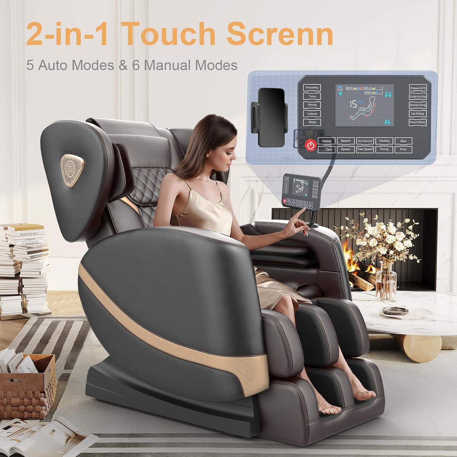 2025 Massage Chair Full Body, Zero Gravity Massage Chair with 10 Fix Rollers, Heating, Foot Massage, Auto Modes, Bluetooth Speaker, Touch Screen Controller (Black & Brown) wourant